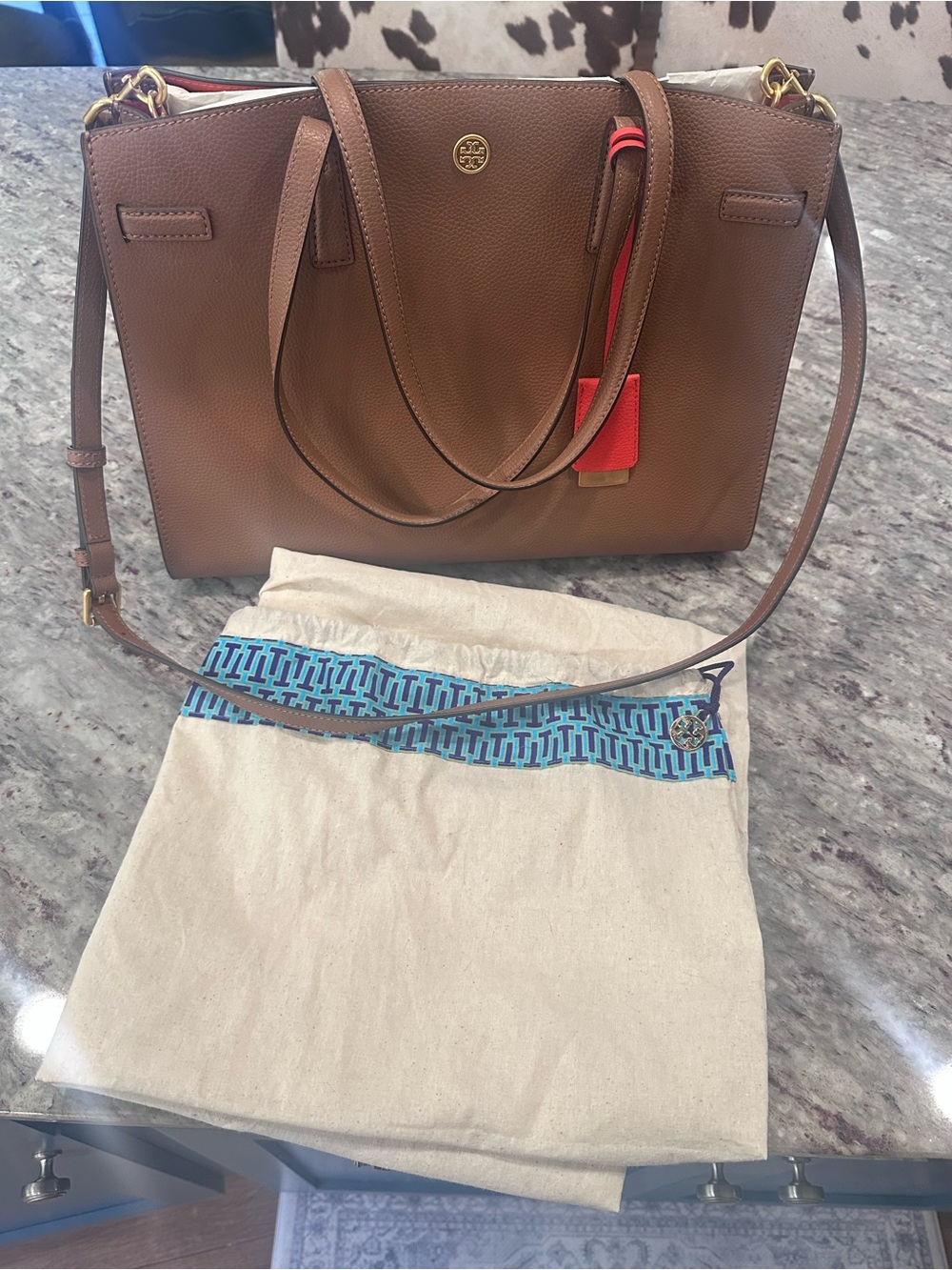 Tory Burch Walker Satchel Brown Leather Tote with Red Tag and Gold Hardware